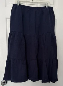 NWOT Women's Petite L Elastic Waist Navy Gauze Cotton Tiered Midi Skirt - Picture 1 of 6