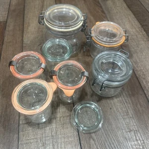 Lot Of 7 Vintage Canning Jars Weck Lids & Clips Le Parfait Vetri Di Fidenza - Picture 1 of 8