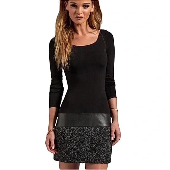 Vestido Bailey 44 Negro Blanco Tweed Flecos Cuero Manga Raglán Cremallera Expuesta M Foto 1 de 4