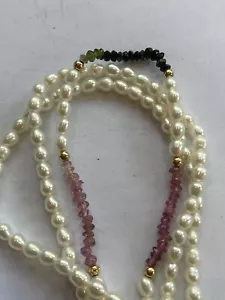 Gran Perla de Agua Dulce, Turmalina, Pulsera 14k - Triple Hebra - Imagen 1 de 9