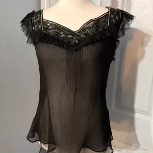 Top de mujer Rebecca Taylor talla 10 negro seda transparente bebé muñeca cuello corazón lentejuelas - Imagen 1 de 10