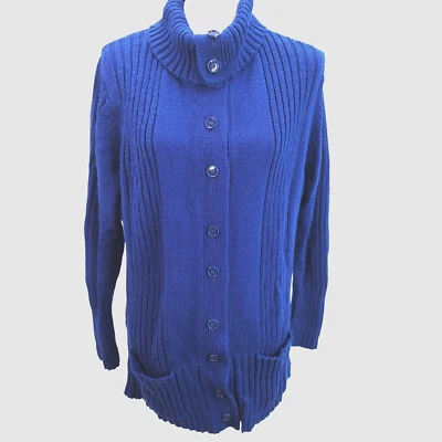 Vintage Montgomery Ward Cardigan Women MEDIUM Sweater Blue Pockets Office Career - Image 1 of 4