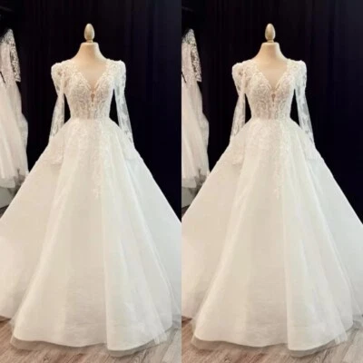 Elegant Wedding Dresses Long Sleeves Lace Applique A Line White Bridal Gowns - Image 1 of 4