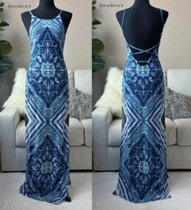 Nuevo VESTIDO MAXI SIN MANGAS SEXY AZUL AZTECA CACHEMIR SIN MANGAS SIN ESPALDA PARA MUJER S M L - Imagen 1 de 4