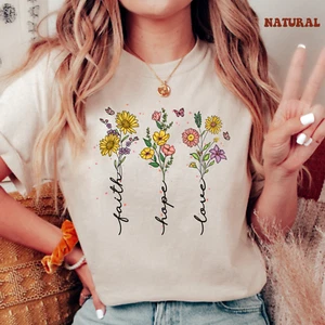 Faith Hope Love Wildflower T Shirt Christian Inspirational Graphic Tee S-3XL - Picture 1 of 8