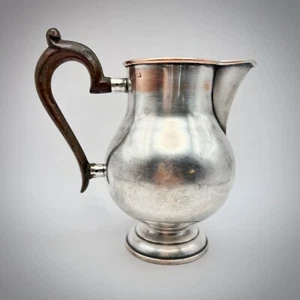 Antique Brass Silver Plated Creamer Jug Mug Pitcher Handle Wood Server Marked - Picture 1 of 8
