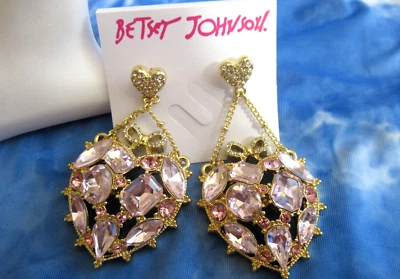 Betsey Johnson Hearts Pinkalicious Chunky Crystal Paved Heart Earrings NWT - Image 1 of 4