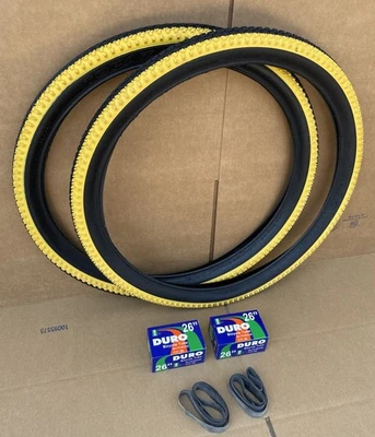 26”x 2.10 Yellow Black Mountain Bicycle Knobby Tires + Tubes MTB Rough Terrain - Image 1 of 4