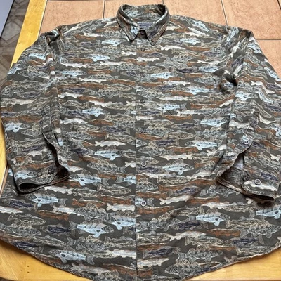Woolrich Fish Fishing Print All Over Button Down Cotton Flannel AOP Shirt Sz L - Image 1 of 4