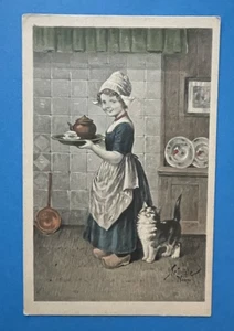 Cat Dutch Girl Serving Tea Artist Signed J. Kranzle Wein Vintage Postcard - Picture 1 of 4
