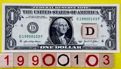UNC 1990 January 3 Birthday Date Note Fancy Serial Number $1 Dollar Bill 0s 1s - Image 1 of 4