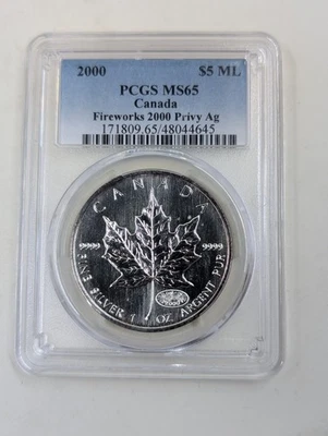 2000 1 Oz Silver Maple Leaf MS65 PCGS  Fireworks 2000 Privy - Image 1 of 4