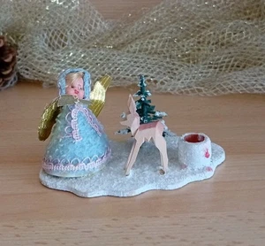 Engel auf Wolke mit Holz Reh Figur DDR Sebnitz Erzgebirge Dresden Pappe Flügel  - Bild 1 von 15