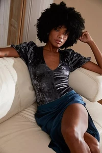 Free People Don't You Wish Samt Body Gr. Large V-Ausschnitt grau blau Gr. L neu - Bild 1 von 12