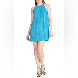 Steve Madden Ada Plissé Pleated Shift Minidress In Aruba Blue Women’s Sz S - Picture 1 of 6