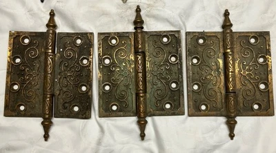 3 Matching Antique Eastlake Steeple Tip 4.5” Brass Door Hinges Heavy! - Image 1 of 4