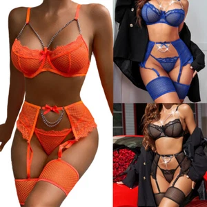 Sexy Women Lace Lingerie Bra G-String Set Fishnet Nightwear Babydoll Sleepwear - Picture 1 of 56