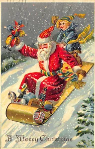 Carte postale Noël Père Noël en robe rouge toboggan en relief 515161 - Photo 1 sur 2