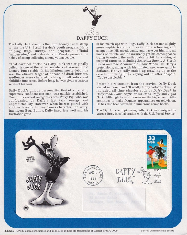 1999 Daffy Duck animation cartoon Sc 3306 FDC with PCS cachet info page - Image 1 of 1