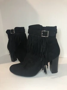 Olivia Miller Fringe Ankle Booties-Black 10 - Picture 1 of 3
