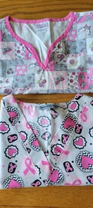 2 Scrub Tops Shirt Womens Short Sleeve Breast Cancer Ribbon Medium Pink Set Lot - Picture 1 of 13