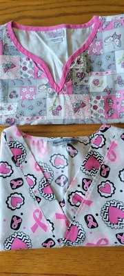 2 Scrub Tops Shirt Womens Short Sleeve Breast Cancer Ribbon Medium Pink Set Lot - Image 1 of 4
