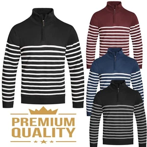 Mens Knit Striped Quarter Zip Casual Pullover Jacket Sweater - Picture 1 of 19