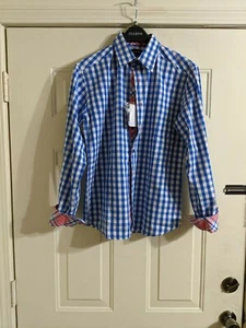 Lucky Luciano Mens Small Button Up Blue/ White Checkered with Pink Cuff Inlays - Picture 1 of 8
