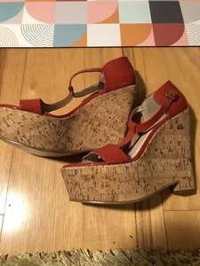 Elizabeth & James Red Leather Cork Wedge High Platform Sandals size 8 M Sanda - Picture 1 of 10