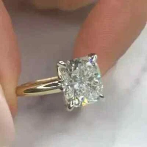3CT Cushion Lab Created Diamond Solitaire Engagement Ring 14K Yellow Gold Plated - Picture 1 of 4