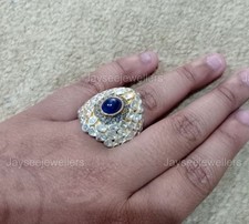 Blue Sapphire Gems 925 Silver Uncut Polki Pave Diamond Victorian Jewellery Ring