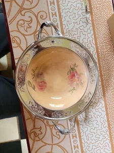 Rare Taylor Smith Taylor Blush Pink Floral Bowl With Metal Rim Candy bowl Vtg - Picture 1 of 7
