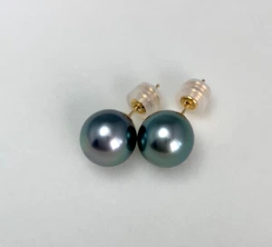 9,8 mm casi redondo gris-verde perlas de Tahití pendientes de oro amarillo só... - Imagen 1 de 12