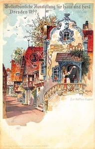 Cartolina Dresda Germania Zur Coffee-Gustel firmata E. Rieck 1899 Pioneer - Foto 1 di 2