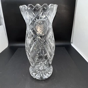 12" Lead Crystal Footed Vase with Pineapple and Star Design with Scalloped Rim - Picture 1 of 11