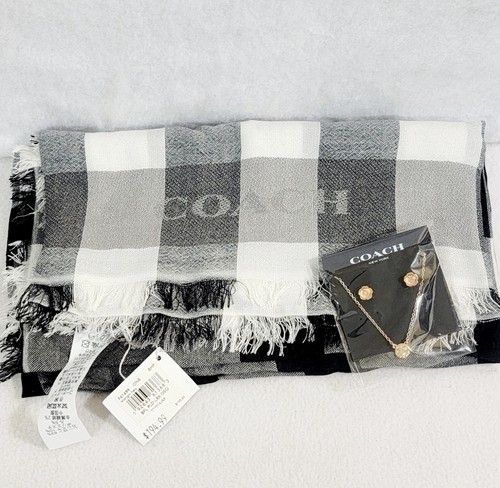 Set orecchini collana sciarpa sciarpa bordo frange a quadri Coach donna blu navy mezzanotte NUOVI