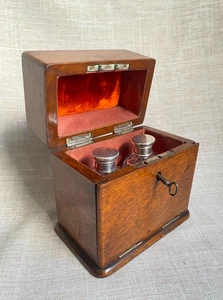 Antique c1870 Oak Perfume Scent Caddy + Key Two Silver Lid Glass Perfume Bottles - Picture 1 of 24