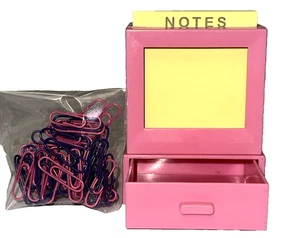 Retro Pink Computer Sticky Note Holder Set w/ Colorful Notes & Paperclips - Picture 1 of 13