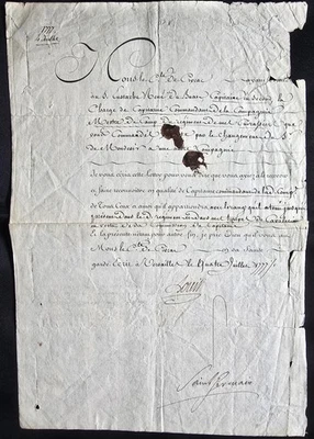 LOUIS XVI Signed Letter to Comte de Civrac - Appointment of Captain Du Buat 1777 - Image 1 of 4