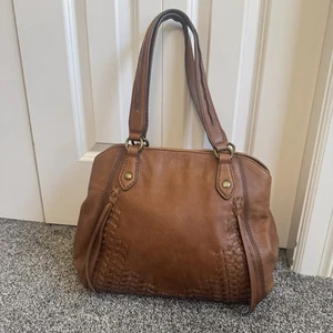 Bolso de Hombro Frye Meadow Shopper Bolso de Cuero Marrón Doble Correa Detalle Tejido - Imagen 1 de 17
