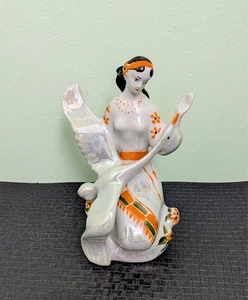 Vintage 1970s USSR UKRAINIAN GIRL w/SWAN Porcelain Figurine, 6.5" Tall - Picture 1 of 7