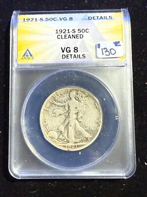 1921 S WALKING LIBERTY HALF DOLLAR ANACS VG 8 DETAILS CLEANED - Image 1 of 4