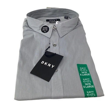 DKNY Men's Slim Fit Button Front Stretch Shirt Gray Stripe 17-17 1/2-32/33 XL/XG - Image 1 of 2