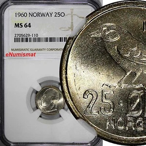 Norway Olav V Copper-Nickel 1960 25 Øre NGC MS64 TOP GRADED BY NGC KM# 407 (10) - Picture 1 of 4