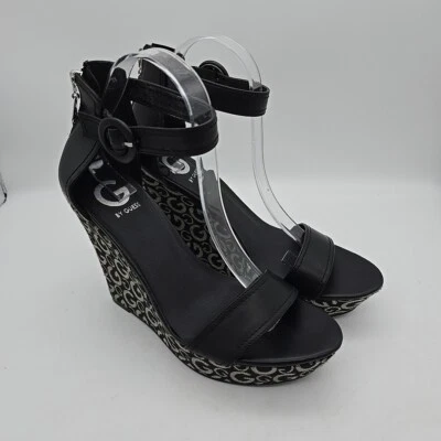 G by Guess Black/Gray Platform Wedge Sandals Ankle Strap Women Size 8.5 Monogram - Image 1 of 4