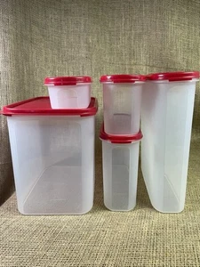 10 Stück Tupperware Modular Mates, Größen 1, 2, 3, 4, 5 Tassen, klar mit roten Deckeln - Bild 1 von 8