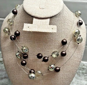 Lovely Faux Pearl Crystal Bead ~Copper~Gunmetal ~Silver Necklace 5 Strand Cord Y - Picture 1 of 8