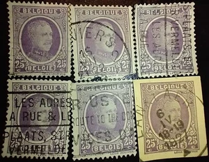 Lot of six (6): 1927 Belgium Albert I 25c Violet Stamps (Used) - Picture 1 of 1