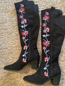 Carlos Santana Black Suede Embroidered Over The Knee Boots - Picture 1 of 6