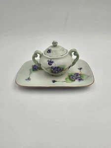 Vintage Small Sugar Bowl & Tray Violets With Gold Trim Trinket - Picture 1 of 5